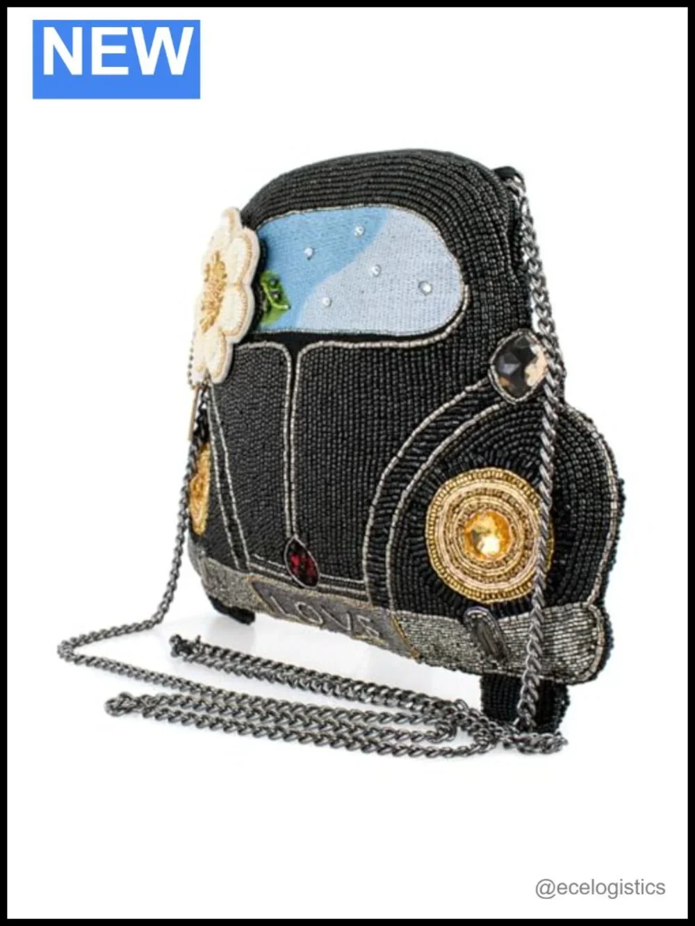 Crossbody Handbag Car-Shaped Beaded Vegan Leather with Flower and Rhinestones